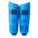 Pair of blue shin guards with Hayate branding on a white background