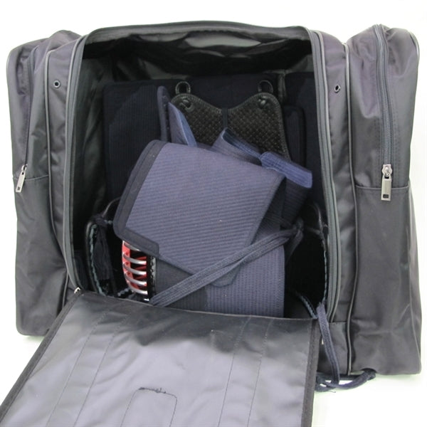The bogu bag unzipped with a bogu inside.