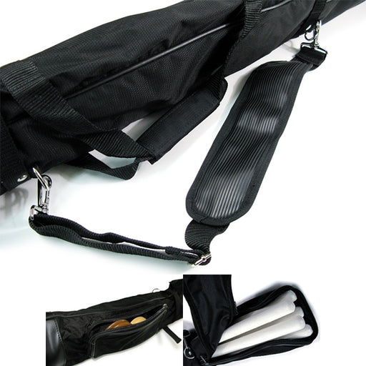 Close-up of the straps, pockets and zips of the bag.