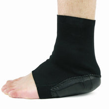  The heel protector shown worn, foot flat on the ground.