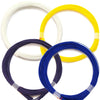 Close up of the white, yellow, purple and blue strings.