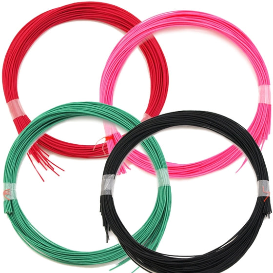 Close-up of the red, pink, green and black strings.