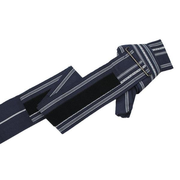 The navy kaku obi fully unfolded showing the velcro fastner.
