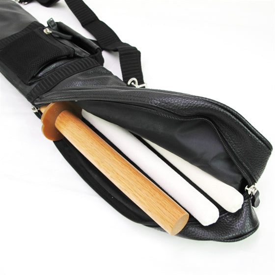 View of the bag open and containing shinai and bokuto.