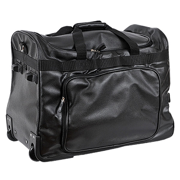 The bag seen with the handle retracted and compact.
