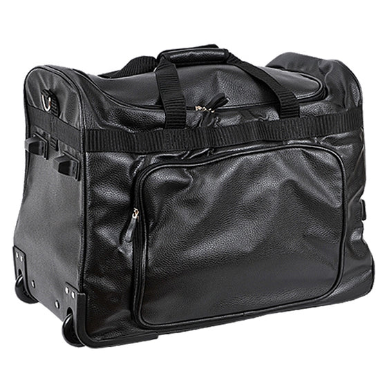 The bag seen with the handle retracted and compact.
