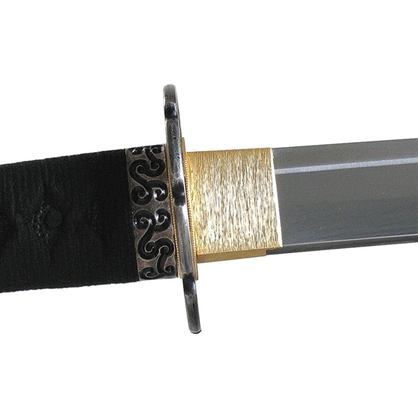 Side-on view of the brass habaki and fuchi fitting.