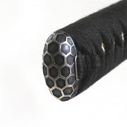 The silver-plated hachi no su kashira fitting.