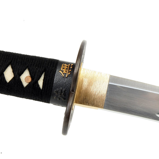 Side view of both the brass habaki and gemon script fuchi.