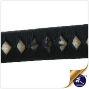 Close-up of the menuki ornaments beneath black cotton hinerimaki wrapping.
