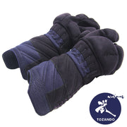 Full view of the indigo deerskin reinforced kote.