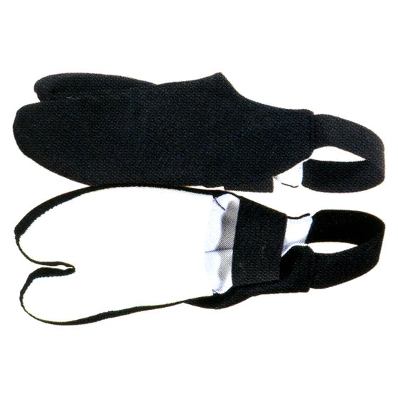 Full view of the half-tabi pair showing the white clarino sole.