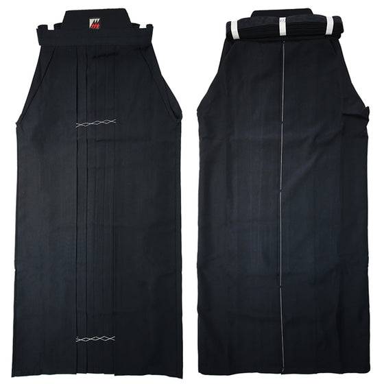 Side by side, front and back view of the full length black hakama.