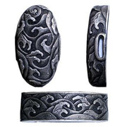 Full view of the silver-plated brass hiranami fuchi and kashira.