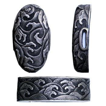 Full view of the silver-plated brass hiranami fuchi and kashira.