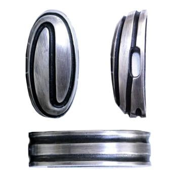 Silver-plated brass fuchi and kashira depicting an entwining mountain path.