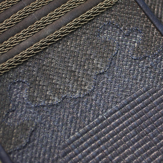 The kumozashi overstitching used on the deerskin of the tare.