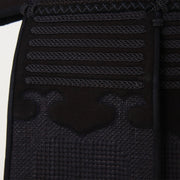 Closer view of the indigo deerskin reinforcement on the odare.