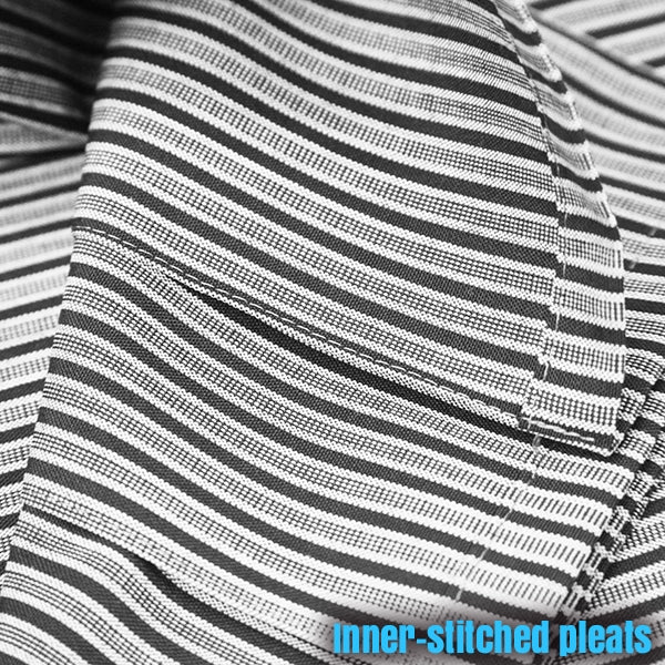 An example of the striped hakama's stitched inner pleats.